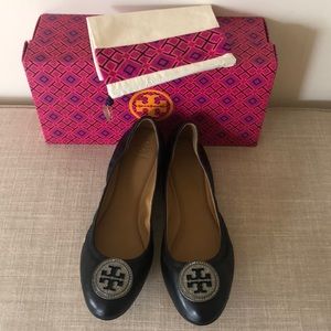 Tory Burch ABBY-BALLET Black Leather Flats Sz 10